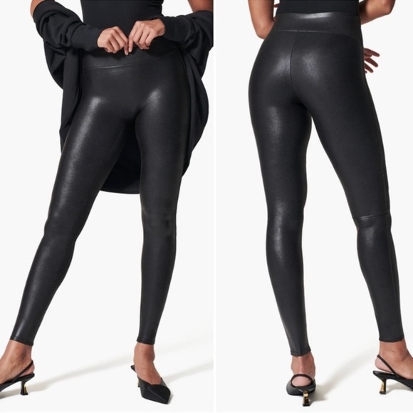 SPANX Faux Leather Stretch Power Waistband Tummy Control Legging Yoga Medium NEW - Picture 3 of 13
